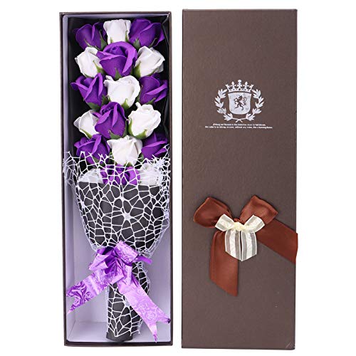 Innovative künstliche Rose Bouquet Geschenk Seife Blume Hochzeit Valentinstag Festliches Geschenk(Lila und weißes Gitter + Box)