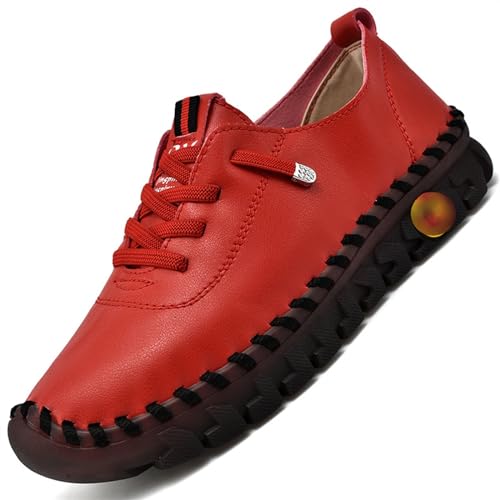 Vimlo 2024 Neue orthopädische Schuhe for Damen, Flacher Schuh mit rundem Kopf und Rutschfester Unterseite, Loafer aus Leder mit weicher Rindersehne und flachem Boden (Color : Red, Size : 36)