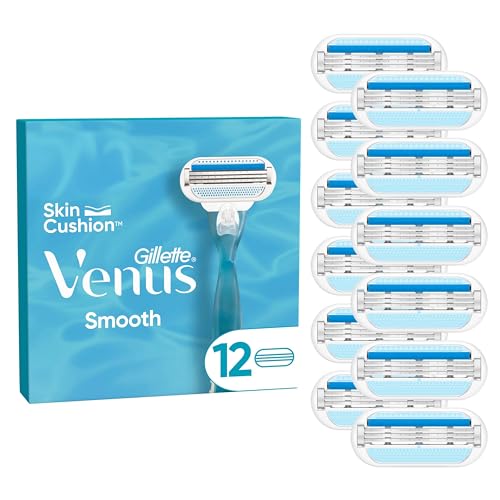 Gillette Venus Smooth Damen Rasierklingen Nachfüller 12 Stück 3 kurvenbetonte Klingen umgeben von Schutzkissen