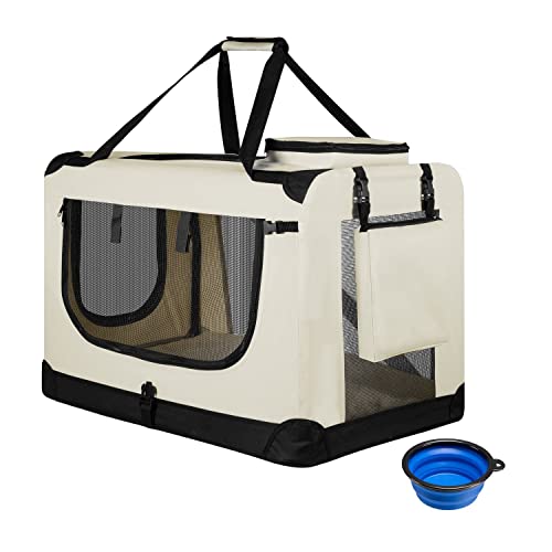 Juskys Hundetransportbox Lassie XL (beige) faltbar - 56 x 81 x 58 cm - Hundebox mit Decke, Tasche & Griffen - Stoff Autotransportbox für Hunde