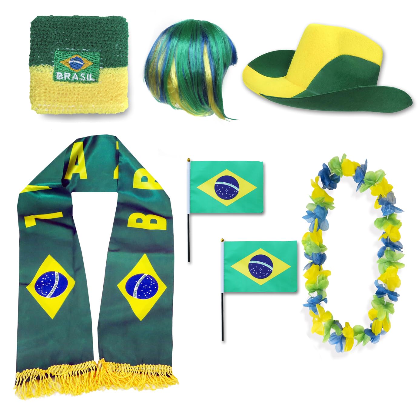 Sonia Originelli Fanset Fanartikel Fanhut Blumenkette Fanschal Schweißband Fähnchen Perücke WM EM Farbe: Brasilien Bob