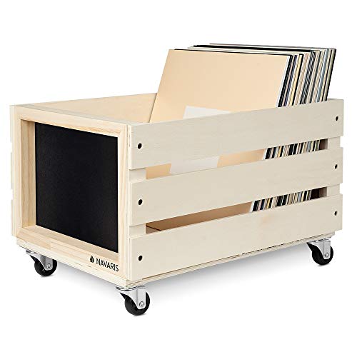 Navaris Holz Schallplatten Kiste mit Kreidetafel - mit Rädern - 43,2 x 30,6 x 28cm - für bis zu 80 LPs - Vinyl Aufbewahrung Holzkiste - Hellbraun