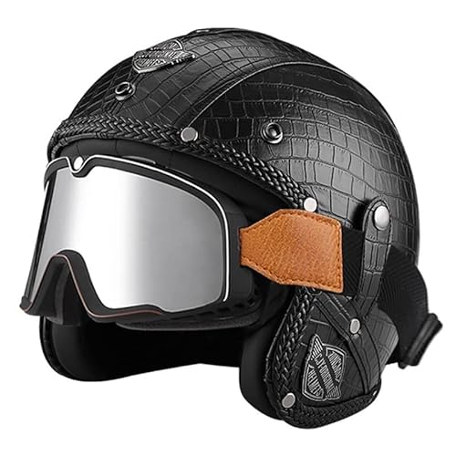 Motorradhelm Retro Jethelm Unisex Vintage Open Face Leder-Helm Motorrad Roller Helm, Mit Brille, ECE Genehmigt Jethelm Für Damen Und Herren 3,L