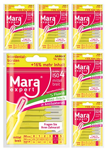 Interdentalbürsten Gelb von MARA EXPERT | 0,7mm ISO 4 mittel breit | 6 x 14 (=84) Interdentalbürsten | Ideal für feste Zahnspange | Mit Fluorid, Chlorhexidin und Minzbeschichtung, Für frischen Atem