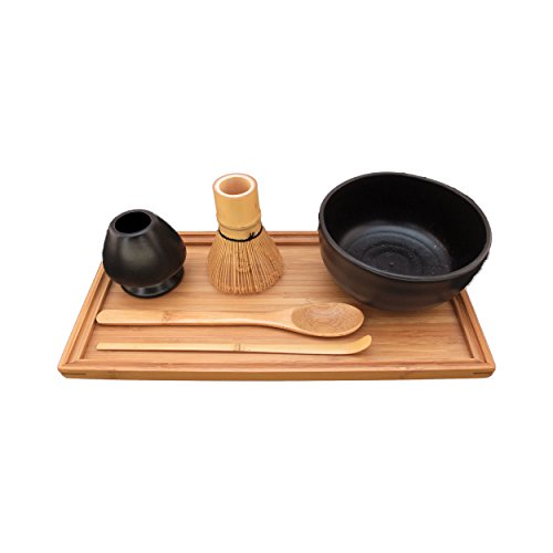 BambooMN Brand - Matcha Bowl Set (Includes Bowl, Rest,Tea Whisk, Chasaku, Tea Spoon & Tray) 1 Set Black by BambooMN