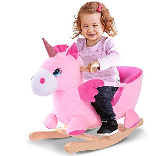 Bakaji Schaukeleinhorn, Schaukeltier Plüsch Schaukel Wippe Pferd Einhorn Kinder Baby Spielzeug, Sound-Geräusche, inkl. Sicherheitsgurt, Balancetraining