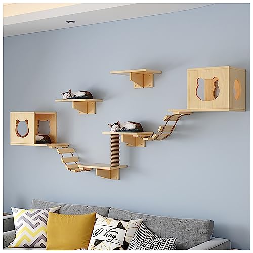 Katzenregal Für Wand Hängematte, Kletterregale Und Sitzstangen, Mit Sisal Kratz- Und Kletterbrücke Schritt, Cloud Regal Board, Für Aktivität Indoor-Katzen Wandmöbel (Color : Brown-C)