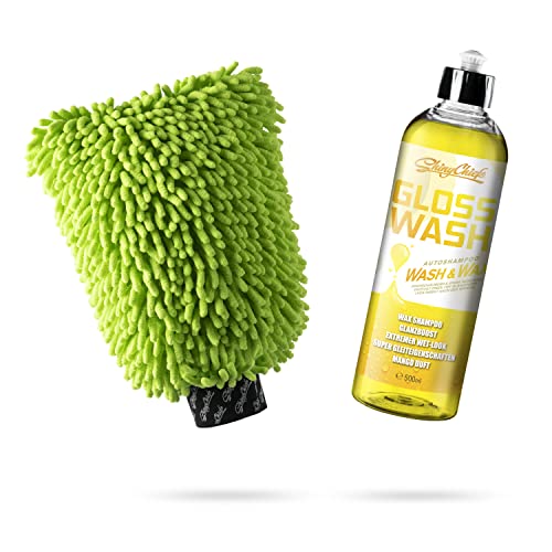 ShinyChiefs GLOSSWASH Mango Set - WASH & WAX - Autoshampoo mit Glanzverstärker für den Just-Waxed-Look - Autoreinigung 2in1 mit sichtbarem Lackschutz, 500ml & Premium Waschhandschuh grün