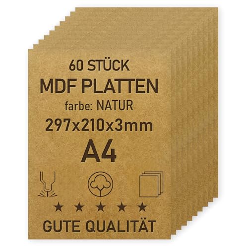 woodmanucom A4 MDF Platten | 297 x 210 x 3 mm | Bastelplatte Dünne Holz-Platten | Perfekt für Laser, CNC Router, Laubsäge, Modellierung (60 Stück natürlich)