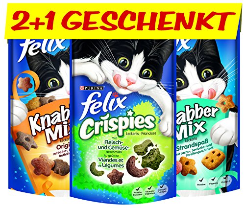 FELIX Leckerlis: 2 KnabberMix und 1 Crispies (gratis), vitaminreich, Menge: 6er Pack 6*(2*60g+1*45g gratis)