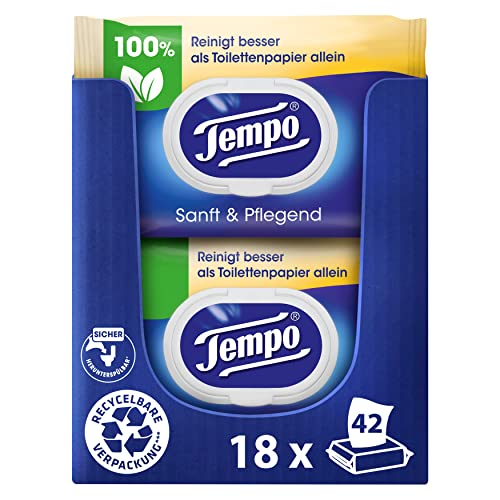 Tempo Toilettenpapier feucht Tempo Sanft Pflegend Trio-Pack (18 (6x3) Packungen x je 42 Blatt), Großpackung, 1 kg