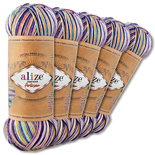 Wohnkult Alize 5 x 100 g Superwash Artisan Sockenwolle Premium 16 Auswahl Kontrast Häkeln Stricken (9003)