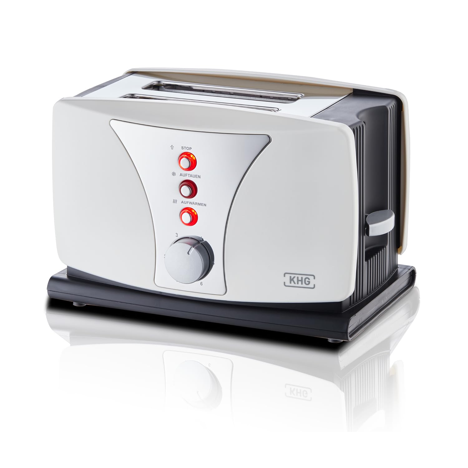KHG Toaster TO-802WS | Toaster 2 Scheiben Weiß 800 W | mit Brötchenaufsatz, 6 Bräunungsstufen mit Bräunungskontrolle, Krümelfach, Auftau- und Aufwärmfunktion