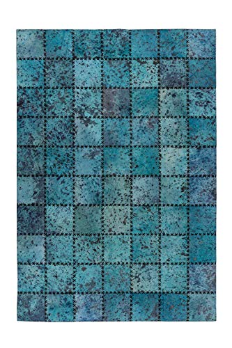One Couture Leder Patchwork Teppich Fell Teppiche Lederteppich Vernäht Stitches Blau Türkis, Größe:120cm x 170cm