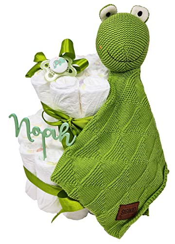 Elfenstall Windeltorte Pamperstorte mit Sigikid Strick-Schnuffeltuch personalisiert als Geschenk zur Geburt oder Taufe mit Namen des Babys Frosch (grün)