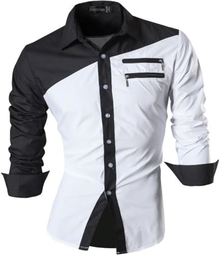 jeansian Herren Slim Fit Lang Ärmel Casual Button-Down Kleid Shirts 8397, Farbe schwarz/weiss, Size M