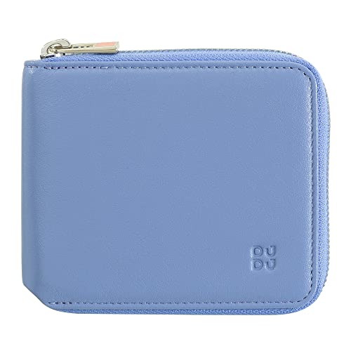 DUDU Herren-Brieftasche RFID, aus weichem Leder mit kleinem außenliegendem Reißverschluss und 6 Kreditkartenfächern. Pastellblau