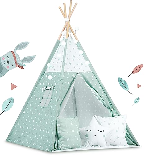 Nukido Tipi Zelt für Kinder Teepee Girlande Kissen - Zelt - Kinderzelt - Kinderspielhaus - Spielzelt - Kinderhaus - Kinderzelt für Drinnen und Draußen - Spielmatte Kinder - Weiß - Grün