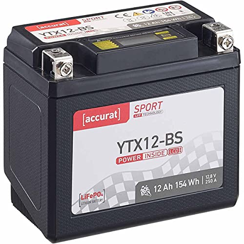 Accurat Motorradbatterie YTX12-BS - 12V, 12Ah, 250A, vorgeladen, wartungsfrei, LCD Display - Starterbatterie, LiFePO4 Batterie in Erstausrüsterqualität für Rasentraktor, Roller, Motorrad, Quad