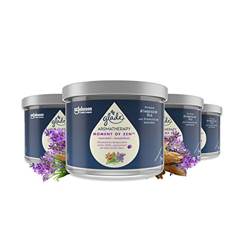Glade Aromatherapy Essential Oils Duftkerze, Moment of Zen, Lavendel + Sandelholz, Glade Duftkerze mit ätherischen Ölen, 4 x 260g (4er Pack)