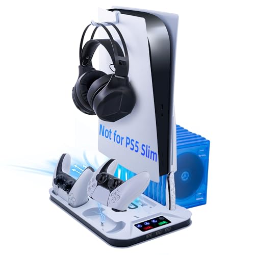 Mcbazel Vertikale PS5 Kühlung Ladegerät Stand verstellbarer Kühlständer mit Headset-Halterung LED-Anzeige mit Disc-Aufbewahrungsschlitzen für Playstation 5 UHD / Digital Edition-Weiß