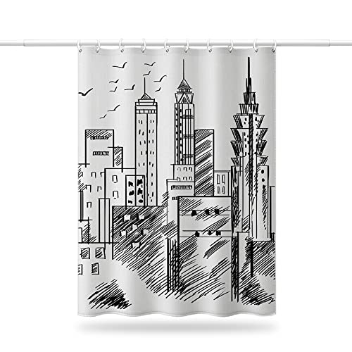 Duschvorhänge, Duschvorhang aus Polyester 120 x 200 cm Anti-Schimmel,Schwarz-Weiß-Gebäude Retro Anti-Bakteriell,Wasserdichtes Design,mit Duschvorhangringen