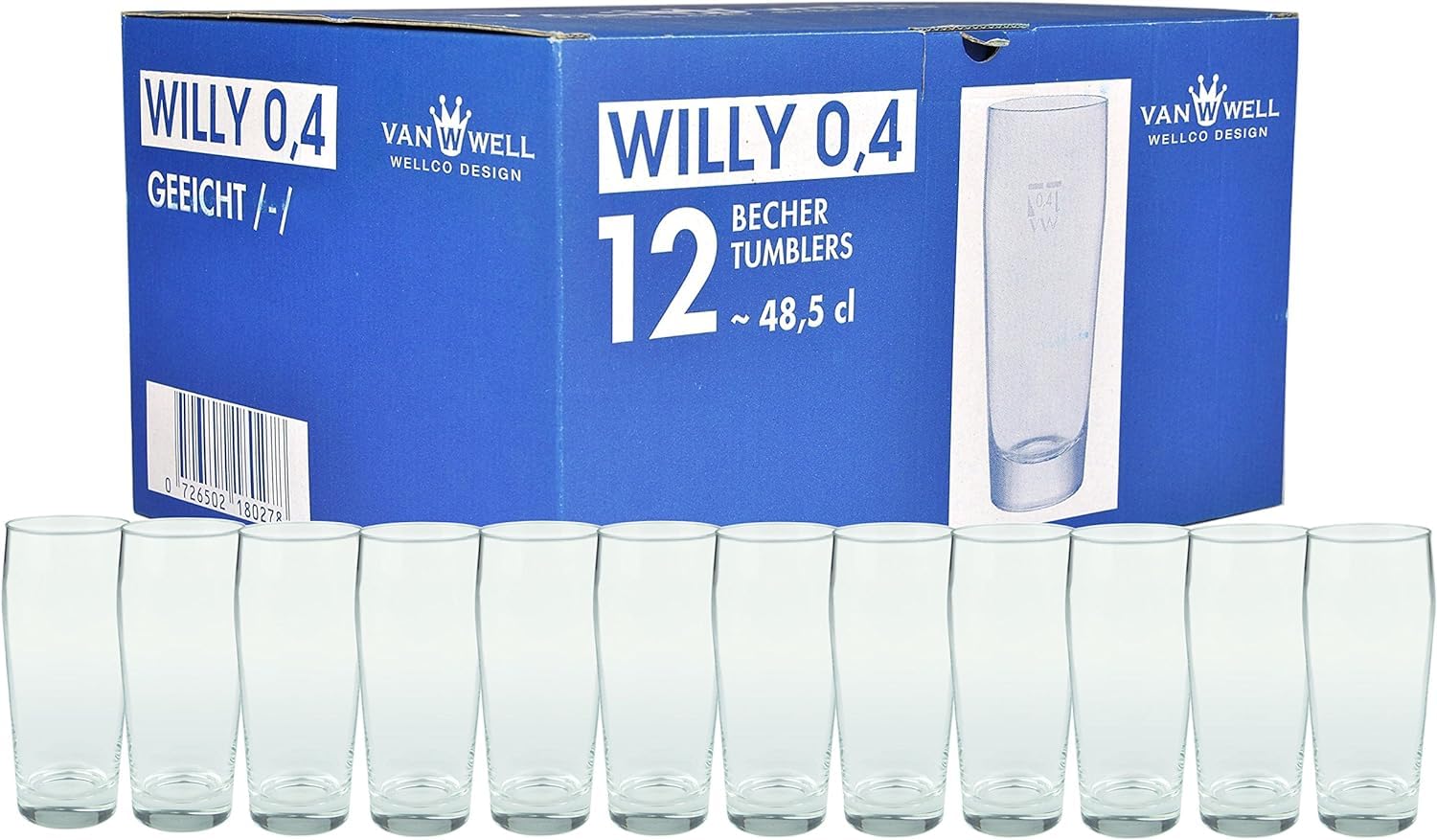 Van Well Willibecher 0,4l 12er Set - Premium Biergläser 0,4 Liter - Robustes Bierglas, Spülmaschinengeeignet, Geeicht - Pint Gläser in Gastronomiequalität - Trinkglas 400 ml für Gastronmie und Zuhause