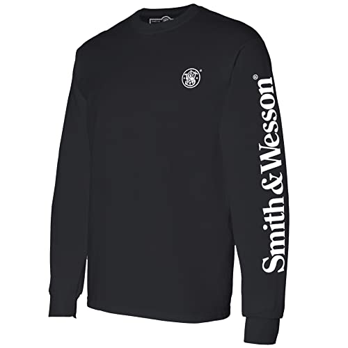 Smith and Wesson Herren T-Shirt, Langarm mit Arm-Logo, offizielles Lizenzprodukt von S&W Bekleidung, Schwarz, L