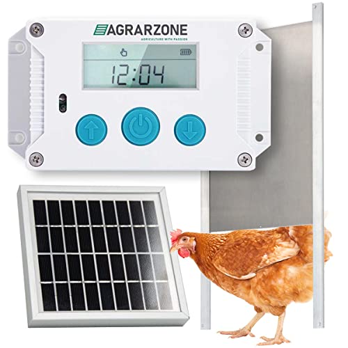 Agrarzone automatische Hühnerklappe Solar Wilma ohne Schieber | Elektrische Hühnertür mit Zeitschaltuhr, Lichtsensor & manuell | Hühnerstall Türöffner öffnet und schließt automatisch