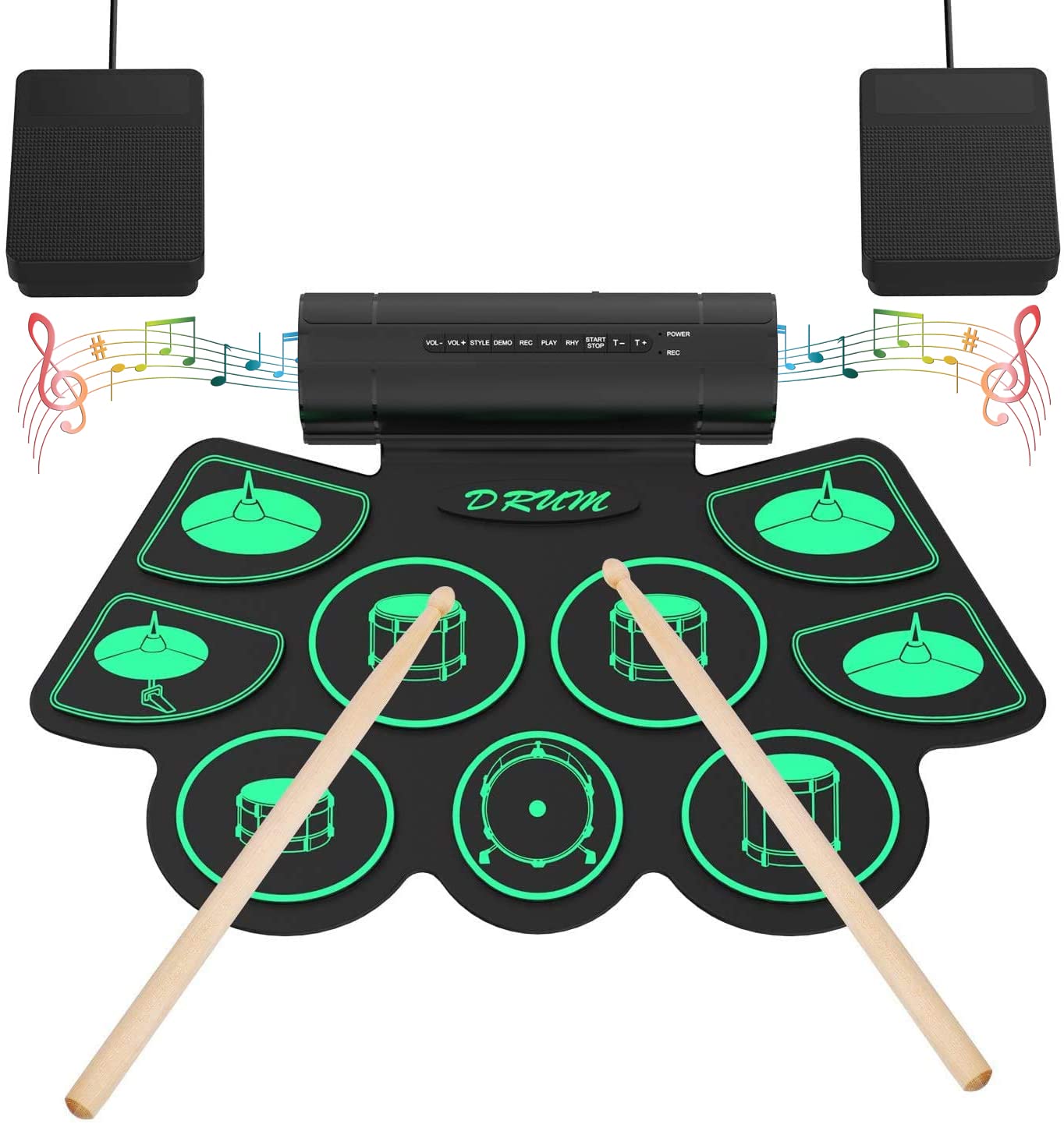 Uverbon Elektronisches Schlagzeug, tragbar, mit 9 Drum Pads, Percussion, Instrumente, integrierter Stereo-Lautsprecher mit Pedal mit 2 Füßen, für Kinder und Anfänger