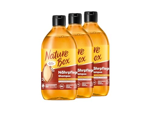 Nature Box Shampoo Nährpflege (3x 385 ml), Shampoo für trockenes Haar mit kaltgepresstem Argan-Öl, Haarshampoo für intensive Pflege, Flasche aus 100% recyceltem Social Plastic