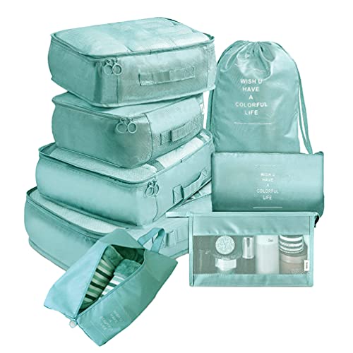 Ketamyy 8 Teilige Koffer Organizer Set Packwürfel Reisegepäck Packing Cubes Reise Tasche Kleidertaschen Kofferorganizer für Kleidung Kosmetik Shoe Camping Glänzend Blau/A