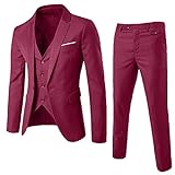 UJUNAOR Herren Slim Business Hochzeitsanzug 3-teiliges Set Jacke Weste Hose Anzug(Wein,CN M)