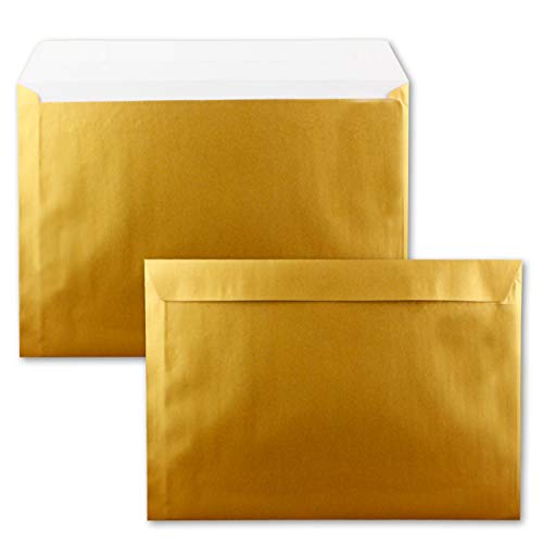 25x große XXL Briefumschläge DIN C4 in Gold Metallic - 22,9 x 32,4 cm - Haftklebung ohne Fenster - Versandtasche für DIN A4 geeignet