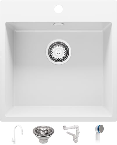 Spülbecken Weiß 48x50 cm, Granitspüle 1 Becken + Ablauf-Set + Küchenarmatur, Küchenspüle ab 50er Unterschrank, Einbauspüle von Primagran