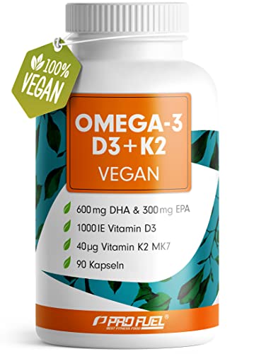 Omega-3 vegan + D3 & K2 (90x), 1100mg Algenöl mit 600mg DHA & 300mg EPA + 1000 IE Vitamin D3 + 40 µg Vitamin K2 - O3 D3 K2 vegan Essentials - Omega-3 Kapseln hochdosiert, bioverfügbar & laborgeprüft