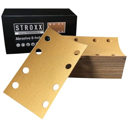 STROXX – Schleifstreifen 50 Stück mit Klett – Schleifblätter 81x133mm zum Schleifen von Holz, Metall & Farbe – 8-fach gelochtes Schleifpapier für Schwingschleifer (Korn 240)
