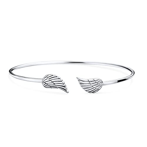 Religiöse Minimalistischen Schmal Guardian Engelsflügel Feder Manschette Armreif für Damen Jugendlich Sterling Silber