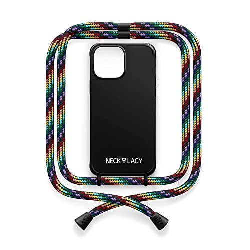 NECKLACY® - Die Premium Handykette für Apple iPhone 14 Pro Max in Rainbow Pride | Schwarze Handyhülle mit hochwertiger Kordel zum Umhängen - Smartphone Crossbody Case
