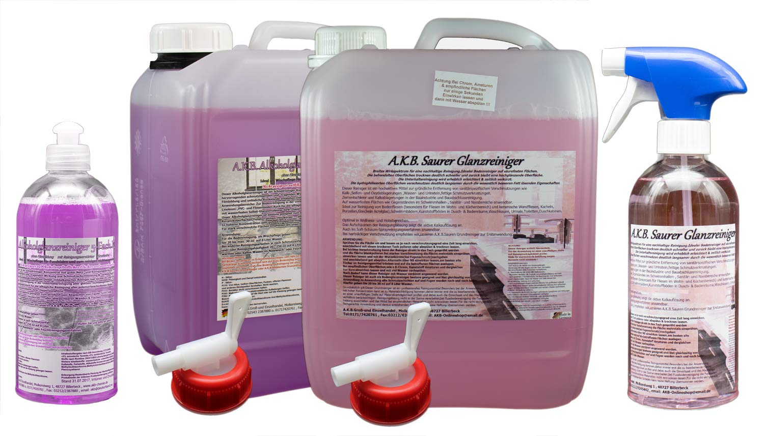 Set: A.K.B. Saurer Glanzreiniger (gebrauchsfertige Lösung) + Alkohol-Glanzreiniger Konzentrat, 0692 (5,5 Liter + 5,5 Liter)