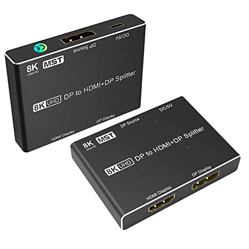 8K DisplayPort 1.4 Splitter auf Displayport & HDMI, BolAAzuL DisplayPort MST Hub Splitter 1 in 2 Out Multi-Stream Transport DP in HDMI 2.1 & Displayport Out, unterstützt 8K @ 30Hz 4K @ 144Hz
