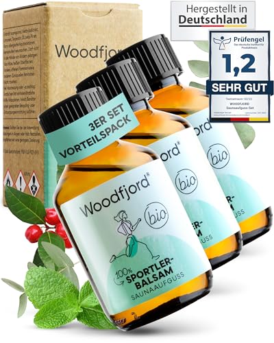 WOODFJORD Saunaaufguss Sportlerbalsam BIO 3 x 100 ml I Premium Sauna Aufgussmittel für authentische und nachhaltige Saunaerlebnisse I Saunaöl und Saunaduft I Erfrischend und klärend