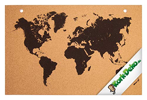 Kork Pinnwand Weltkarte - 90x60cm Bedruckt zum Aufhängen - ideal für Schule - Küchenpinnwand - Lernwand - Memoboard aus Naturkork mit schwarzem Aufdruck und verstärkten Löchern - Korktafel