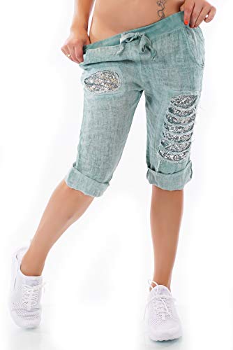 xy Italy Damen Capri Bermuda Shorts Hose Leinen Jogpants Pailletten Risse Fetzen One Size 36-40 (Grün)