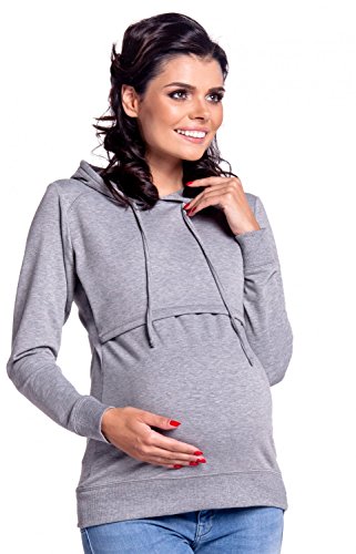 Happy Mama. Damen Kapuzenpullover Stillzeit Top Zweilagiges Sweatshirt. 272p (Grau Melange, 40, L)