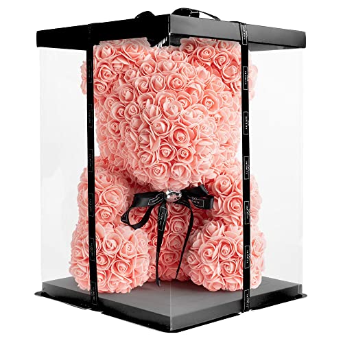 Infinity® - edler Rosenbär mit über 600 handgeklebten Schaumstoffrosen, verziert mit Einer Infinity Satinschleife und Geschenkbox (ca. 40cm)