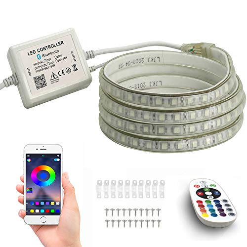 FOLGEMIR 10m RGB LED Streifen, Bluetooth kontrolliert Strip, 220V dimmbar Lichterkette, 5050 SMD 60 LEDs/m Farbwechsel Led Band, wasserdicht Lichtschlauch mit Trafo & 24-Tasten IR Fernbedienung