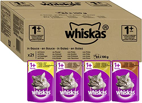 Whiskas Katzenfutter Nassfutter 1+ für erwachsene Katzen - saftige Auswahl in Sauce, 84 Portionsbeutel (1 x 84 x 100 g)