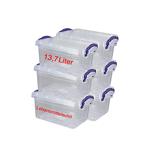 DIES&DAS 6er Set stapelbare Aufbewahrunsboxen Lagerboxen mit Deckel/Klickverschluss u. Griffen - 13,7 L Lebensmittelecht