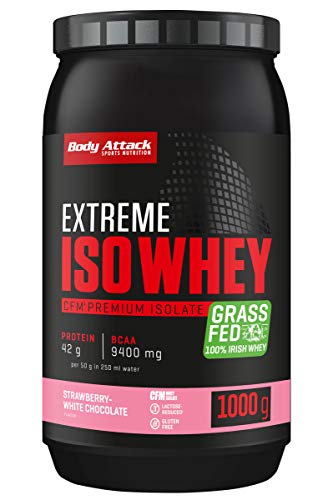 Body Attack Extreme Iso Whey, Whey Protein Pulver zum Muskelaufbau aus 100% irischer Weidemilch, fettarmes Eiweißpulver ohne Aspartam (Strawberry White Chocolate, 1 kg)